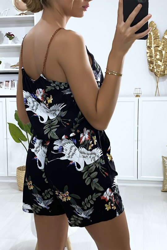 Combi-short noir en coton motif fleuris avec lacet au bretelle - 5