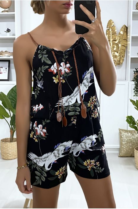 Zwarte katoenen playsuit met bloemenpatroon en kant op de schouderband - 3