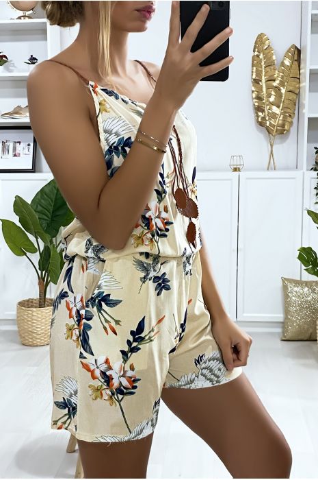 Combi-short beige en coton motif fleuris avec lacet au bretelle - 4