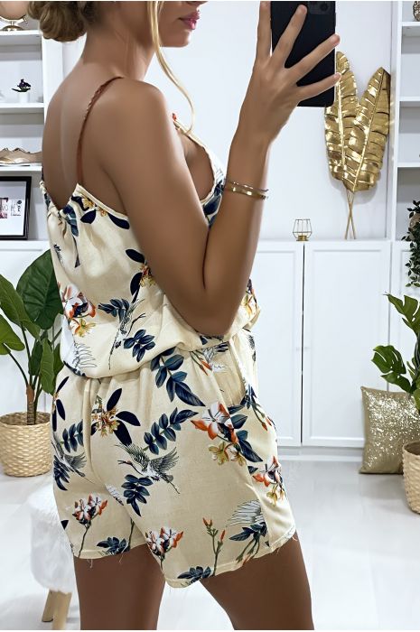 Beige flower pattern cotton playsuit with lace on the shoulder strap - 5