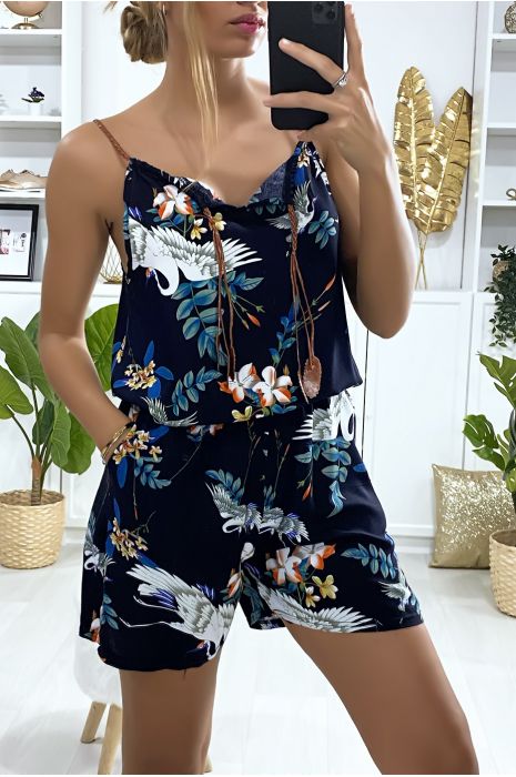 Combi-short marine en coton motif fleuris avec lacet au bretelle - 2