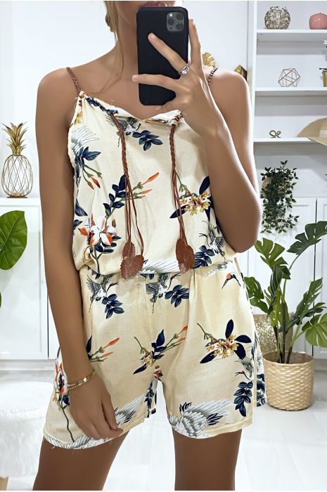 Beige flower pattern cotton playsuit with lace on the shoulder strap - 3
