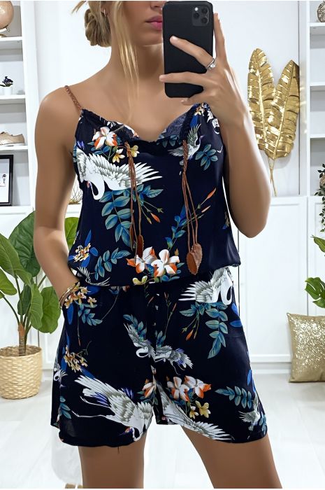 Combi-short marine en coton motif fleuris avec lacet au bretelle - 1