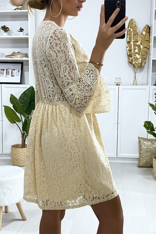 Beige lined lace dress with embroidery on the edges - 5