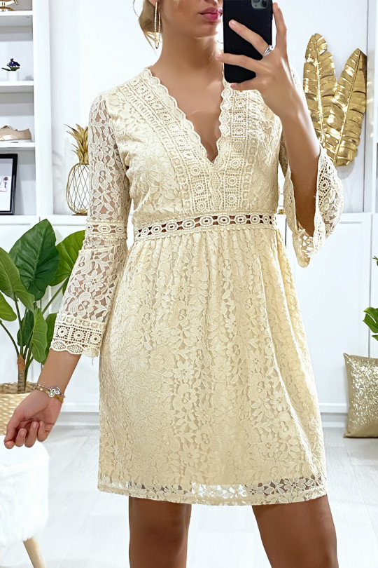 Beige lined lace dress with embroidery on the edges - 2