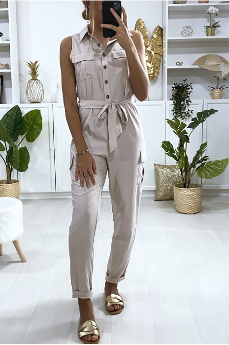 CoBCinaison beige boutonné avec poche saharienne - 4