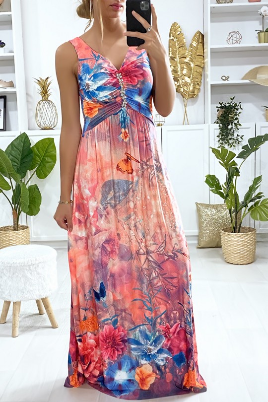 Longue robe motif fleuris fuchsia avec accessoire au buste - 3