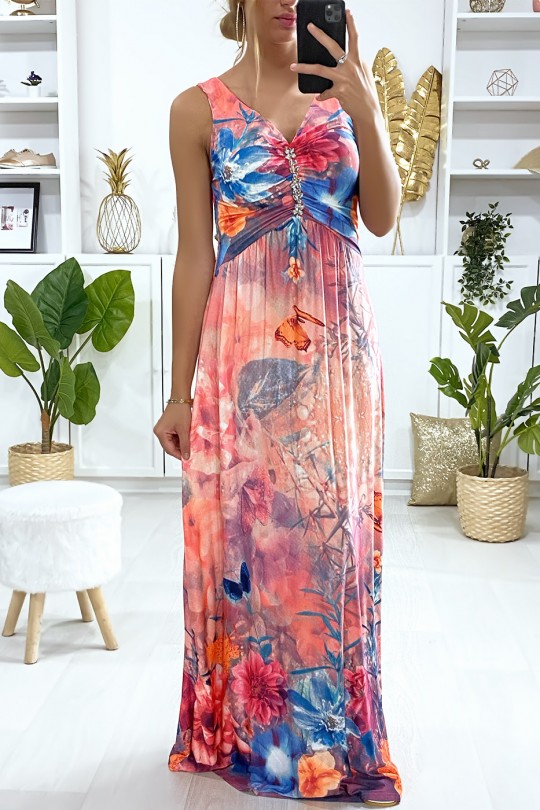 Longue robe motif fleuris fuchsia avec accessoire au buste - 2