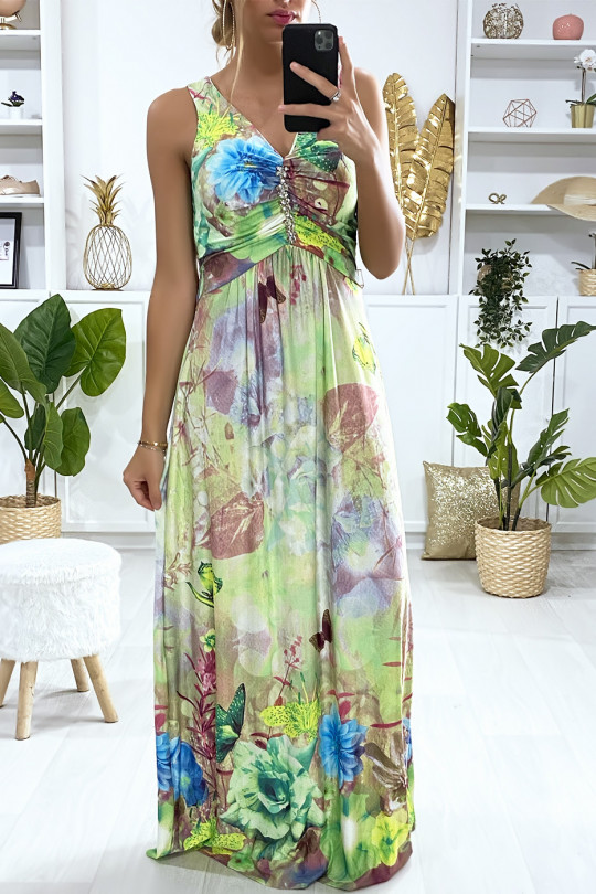 Long green flower pattern dress with bust accessory - 1