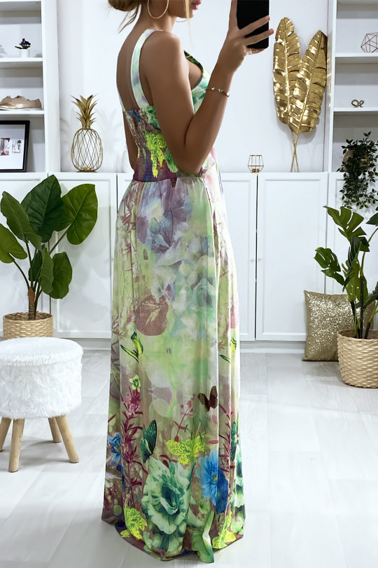 Lange groene jurk met bloemenpatroon en buste-accessoire - 5