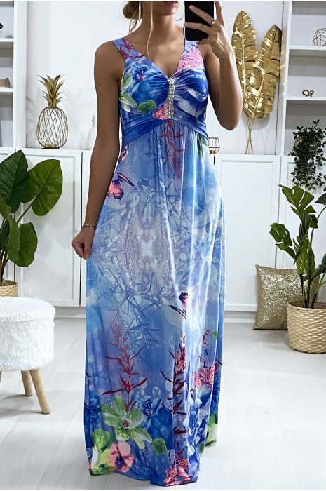 Robe longue bicolore imprimé fleuri - Bleu
