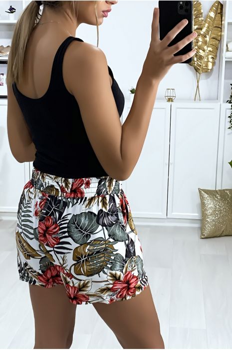 Short motif feuille blanc en coton motif feuille avec poches - 5