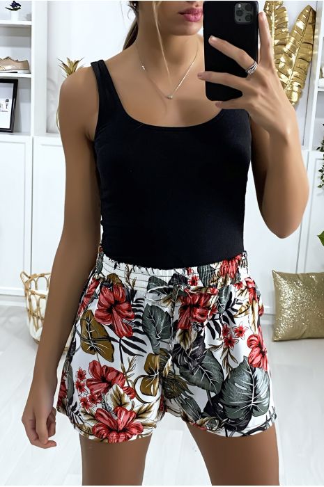 Short motif feuille blanc en coton motif feuille avec poches - 4