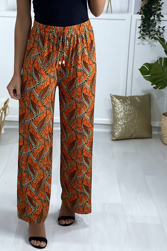 Pantalon palazzo en orange motif feuille - 2