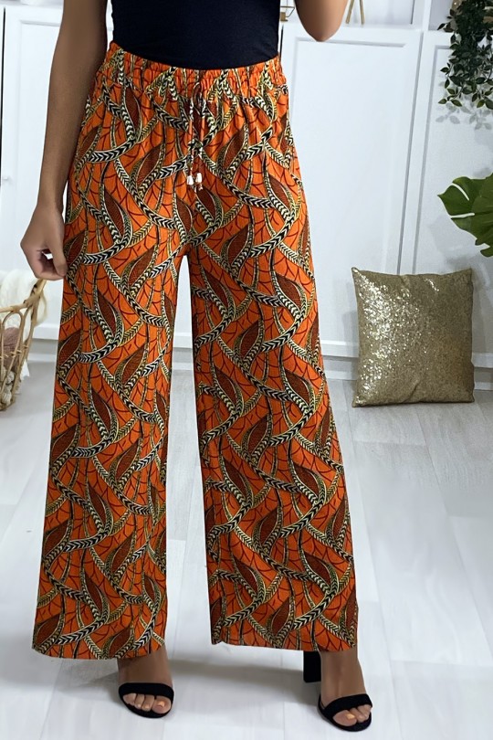 Pantalon palazzo en orange motif feuille - 1