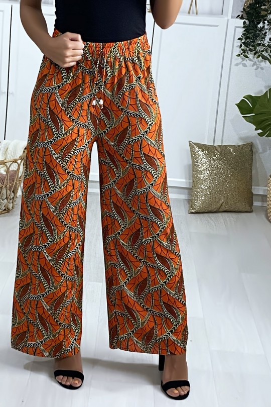 Pantalon palazzo en orange motif feuille - 3