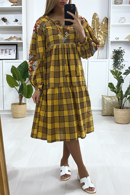Mustard tartan dress with embroidery - 1