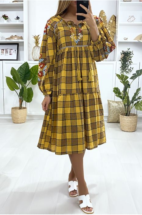 Mosterdgele tartan jurk met borduursel - 2