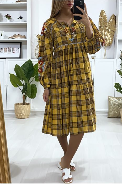 Mosterdgele tartan jurk met borduursel - 3