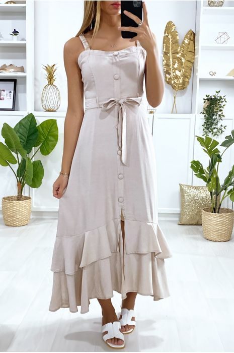 Long beige dress with buttoned strap with belt and frills - 2