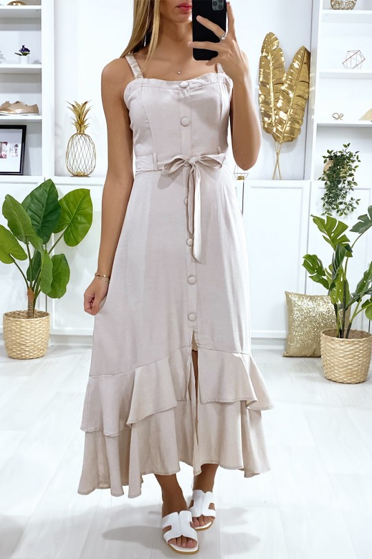 Longue robe beige à bretelle boutonné avec ceinture et volants - 2