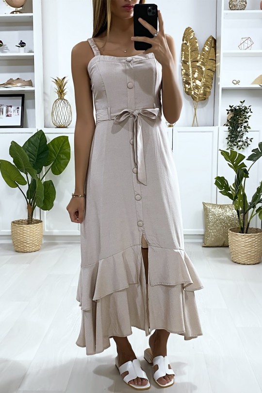 Long beige dress with buttoned strap with belt and frills - 4