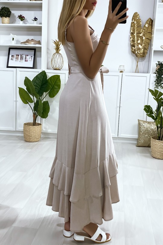 Long beige dress with buttoned strap with belt and frills - 5