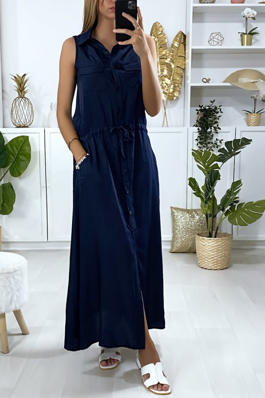 Long buttoned dress in navy with shirt collar and Saharan pockets - 1