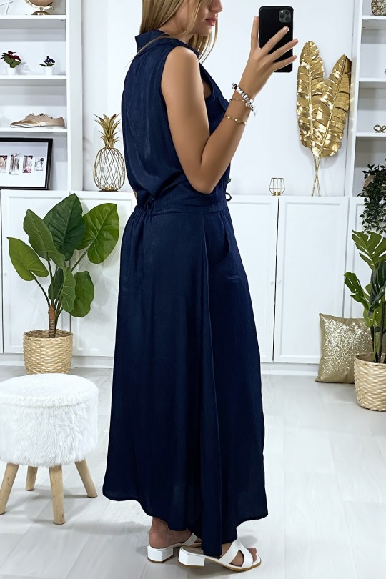 Long buttoned dress in navy with shirt collar and Saharan pockets - 4