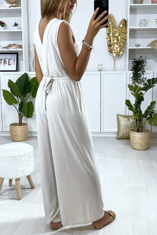 Beige palazzo jumpsuit crossed bust with buckle - 4