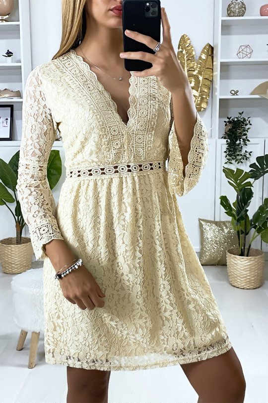 Beige lined lace dress with embroidery on the edges - 6