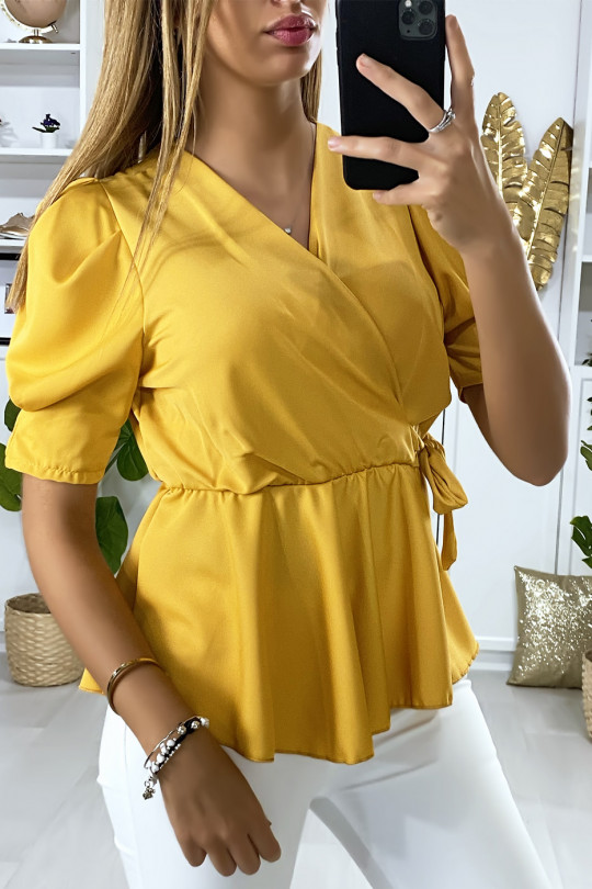 Mustard satin crossover blouse with bow - 3