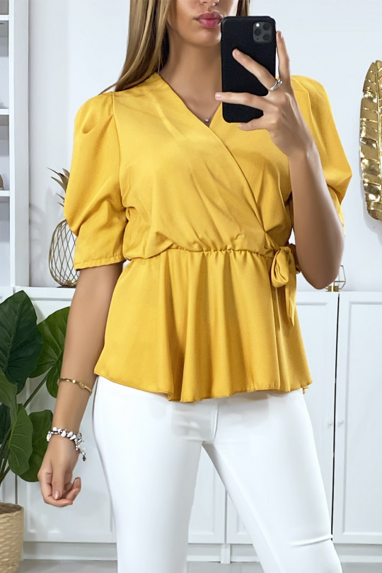 Mustard satin crossover blouse with bow - 4