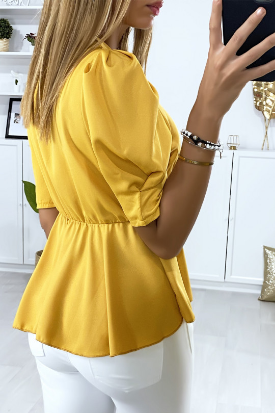 Mustard satin crossover blouse with bow - 5