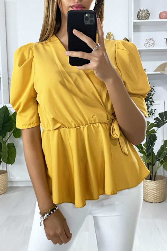 Mustard satin crossover blouse with bow - 1