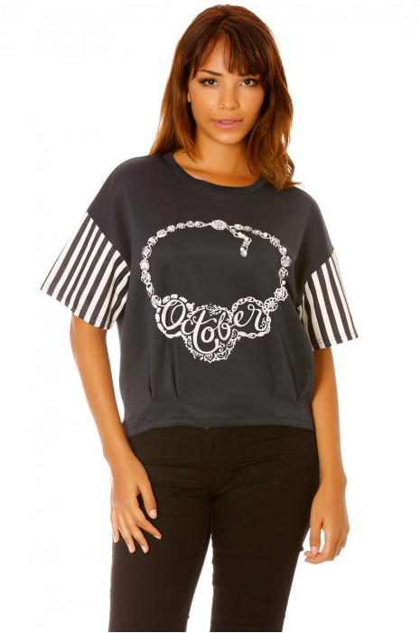 Tee-shirt manche rayés et plis bas de vêtement, motif october. Femme MC  1244 - 1