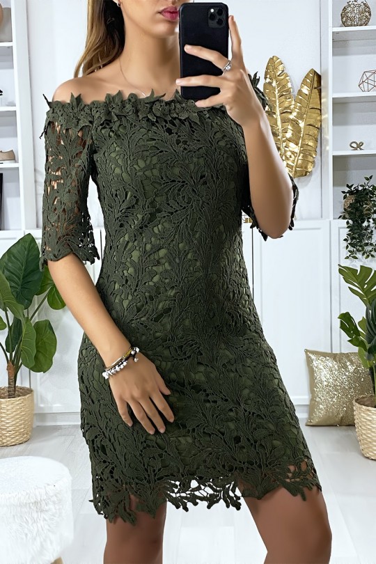 Khaki dress with boat neck and very chic lined lace - 2