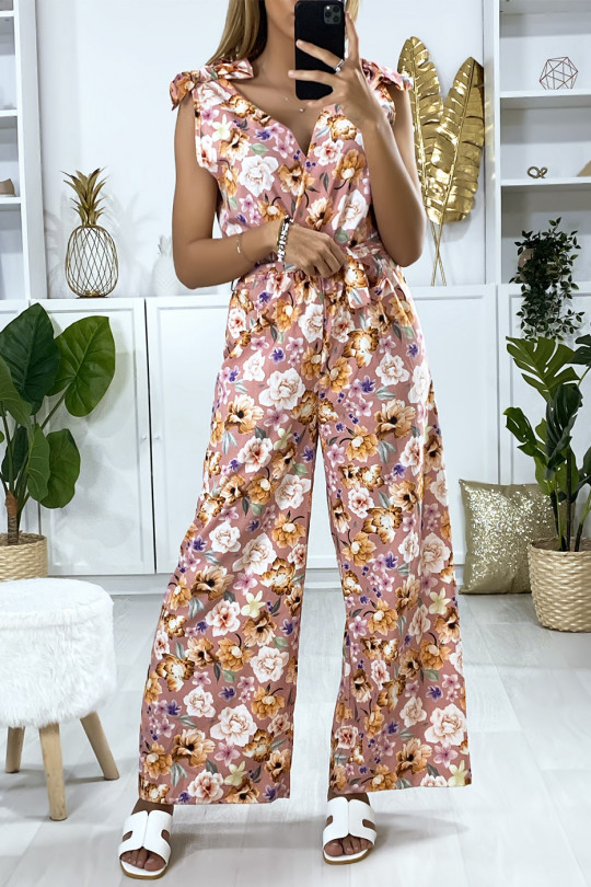 Pink flower pattern jumpsuit with bow at the straps - 2