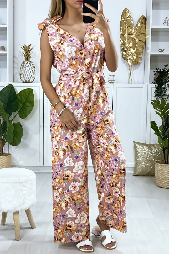 Pink flower pattern jumpsuit with bow at the straps - 3