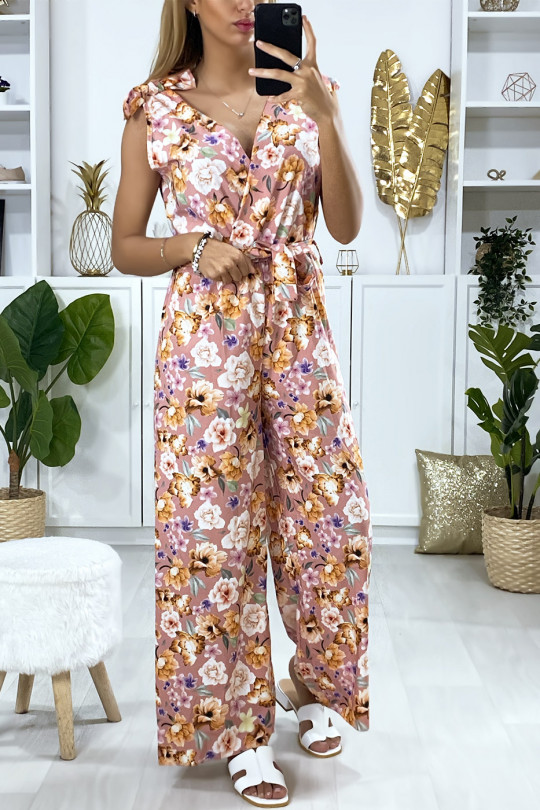 Pink flower pattern jumpsuit with bow at the straps - 1