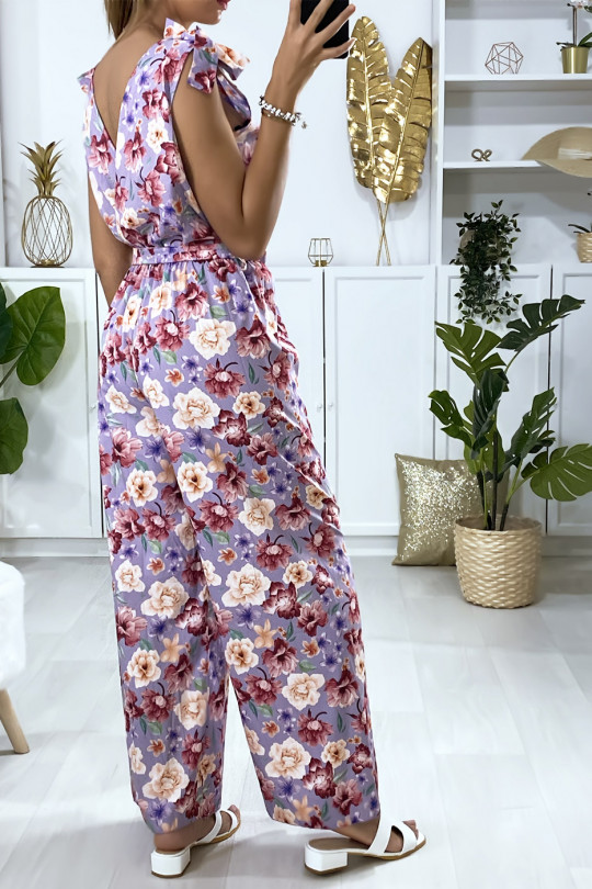 Lilac floral pattern jumpsuit with bow at the straps - 2