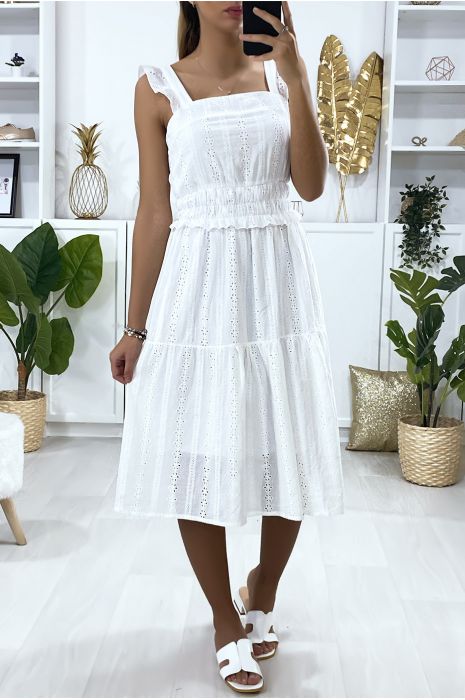 Witte kanten jurk met ruches en bandjes - 4