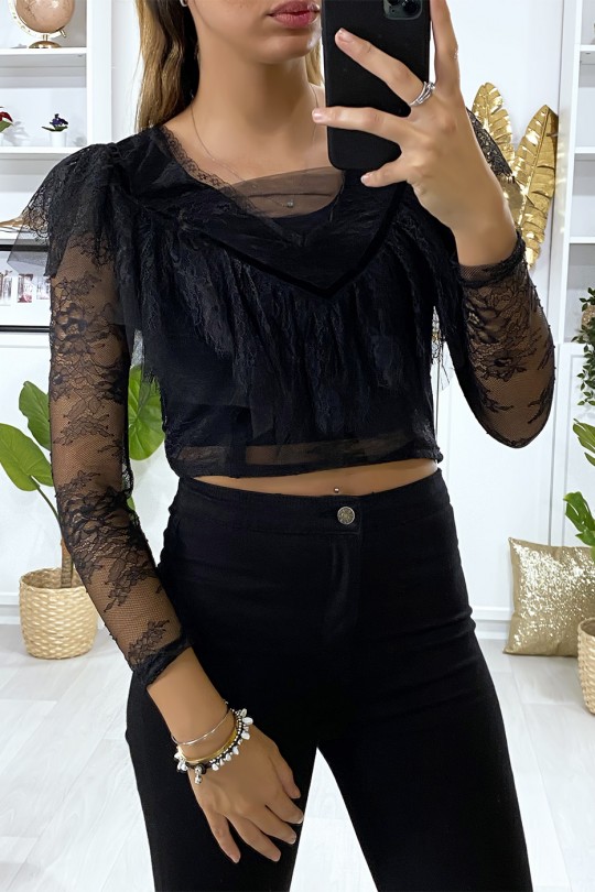 Black lace crop top with ruffle at the bust - 1