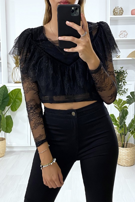Black lace crop top with ruffle at the bust - 4