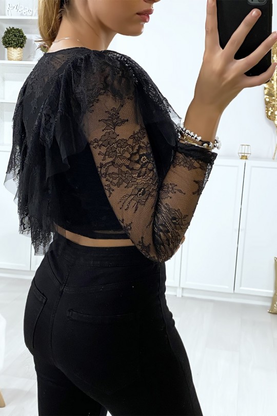 Black lace crop top with ruffle at the bust - 5