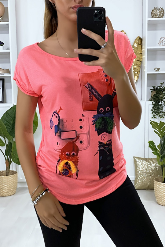Fuchsia T-shirt with design on the front - 1