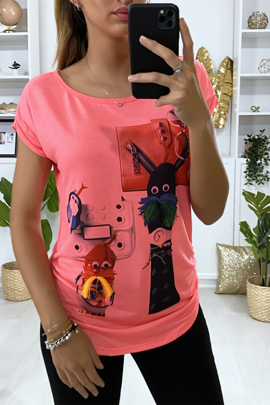 Fuchsia T-shirt with design on the front - 3