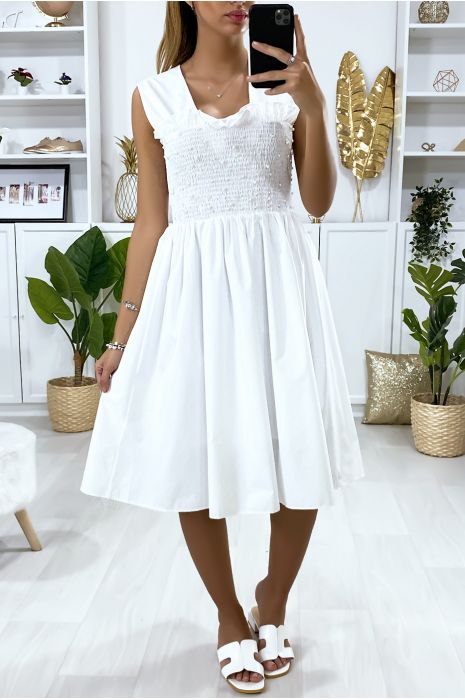 White flared dress with pearls and elastic at the bust - 2