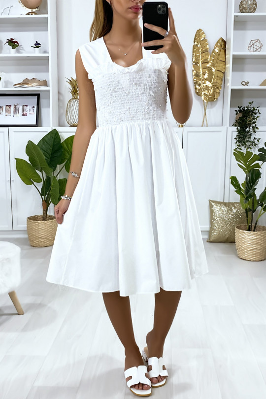 Witte wijd uitlopende jurk met parels en elastiek bij de buste - 2