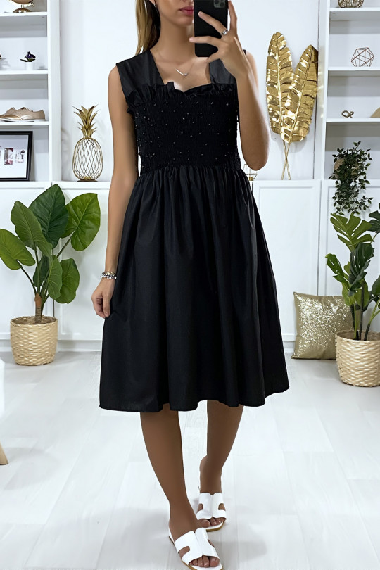 Uitlopende zwarte jurk met parels en elastiek bij de buste - 2